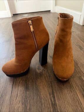 Report Cognac Suede Platform Ankle Boots with Side Zip